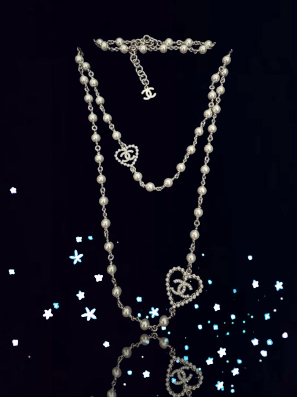 🆕💗CHANEL Long Necklace Faux Pearl Strass Crystals Crochet Heart CCs • NWTB